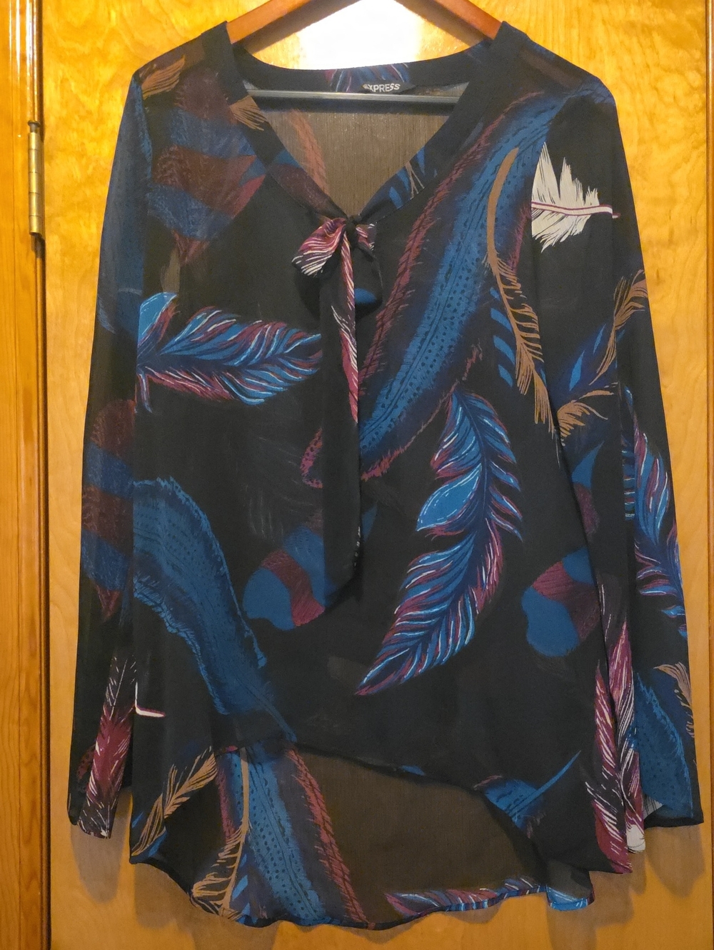 Express Black Feather-Print Tie-Neck Blouse with Blue & Purple Accents